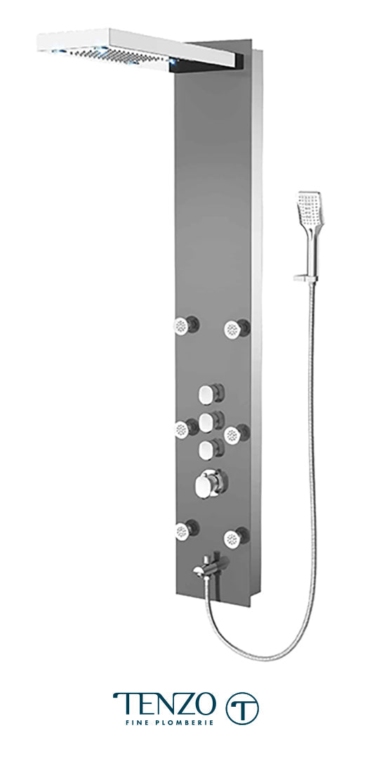 Tenzo TZG1- Shower Col. Tempered Glass Fluvia [Sh. Head Led 6 Jets Hand Shower] Thermo./Vol. Ctrl Valve